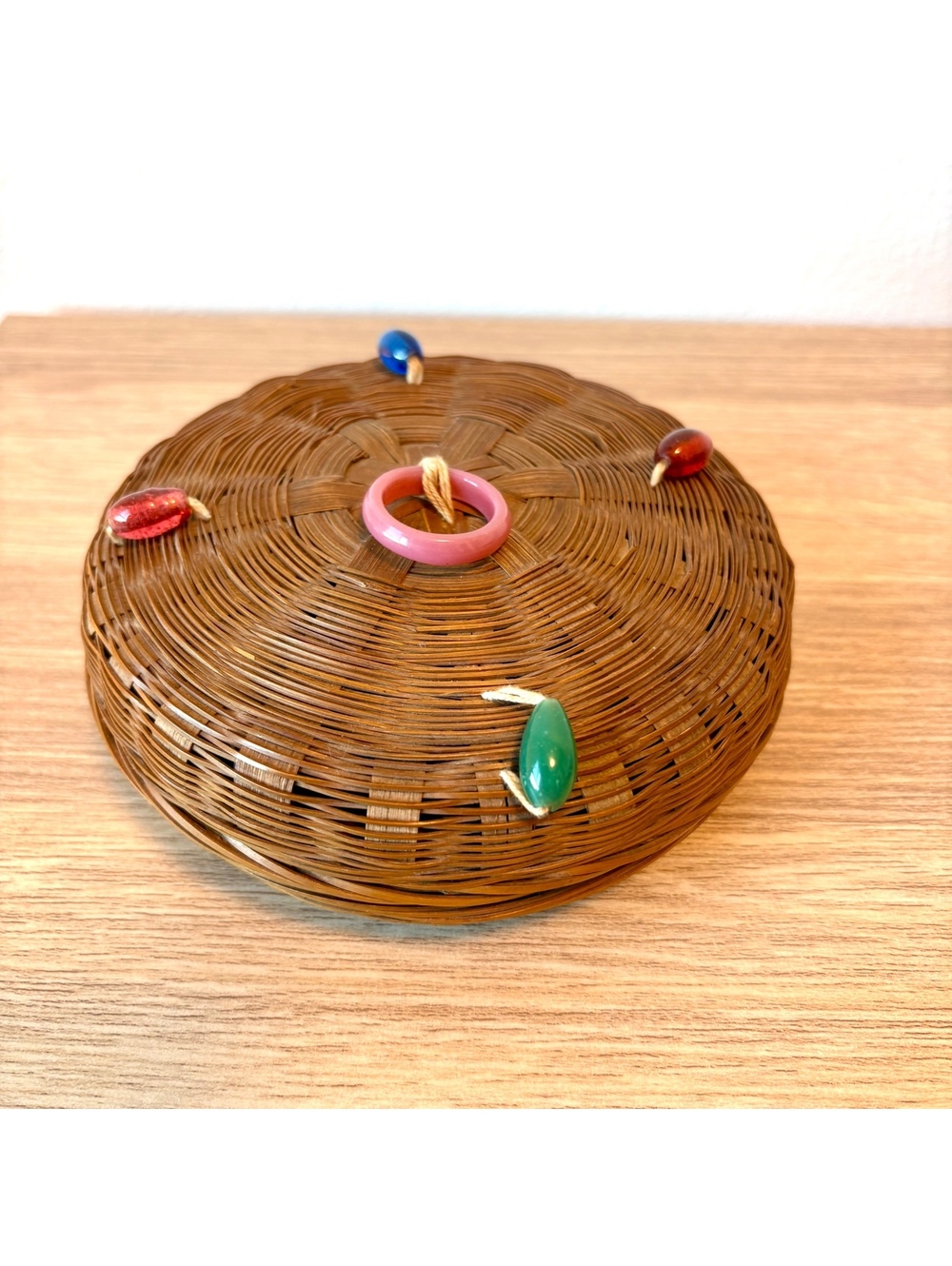 Woven Trinket Box Lidded Basket Colorful Bead Accents Boho Decor Rattan Bamboo